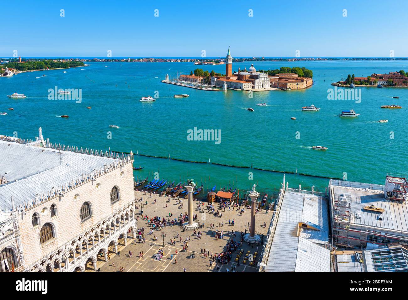 Aerial view of Venice, Italy. Piazza San Marco, or St Mark`s Square, Doge's Palace and embankment. Island of San Giorgio Maggiore in the lagoon of Ven Stock Photo